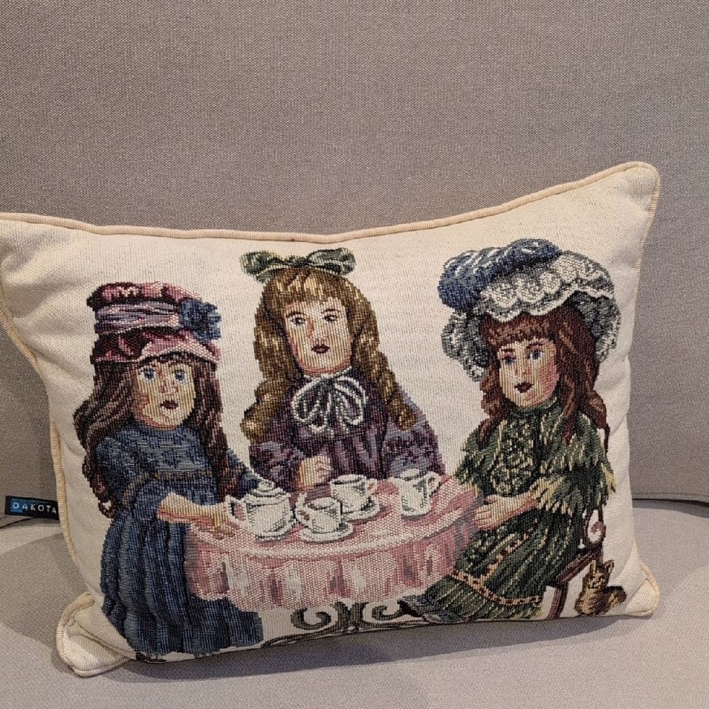 Vintage Dakota Home Victorian Dolls Tea Party Tapestry Throw Pillow